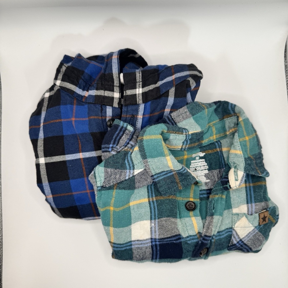 Kids Blue & Green Flannel Button Shirt Bundle Sz 2T Long Sleeve Blue Hoodie - Picture 7 of 7